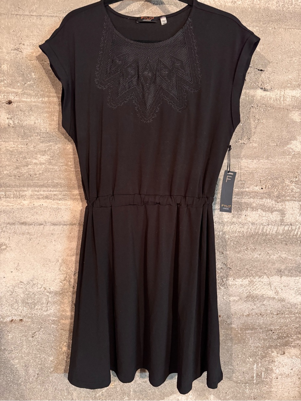 FYLO Black Embroidered Waist-Drawstring Mini Dress